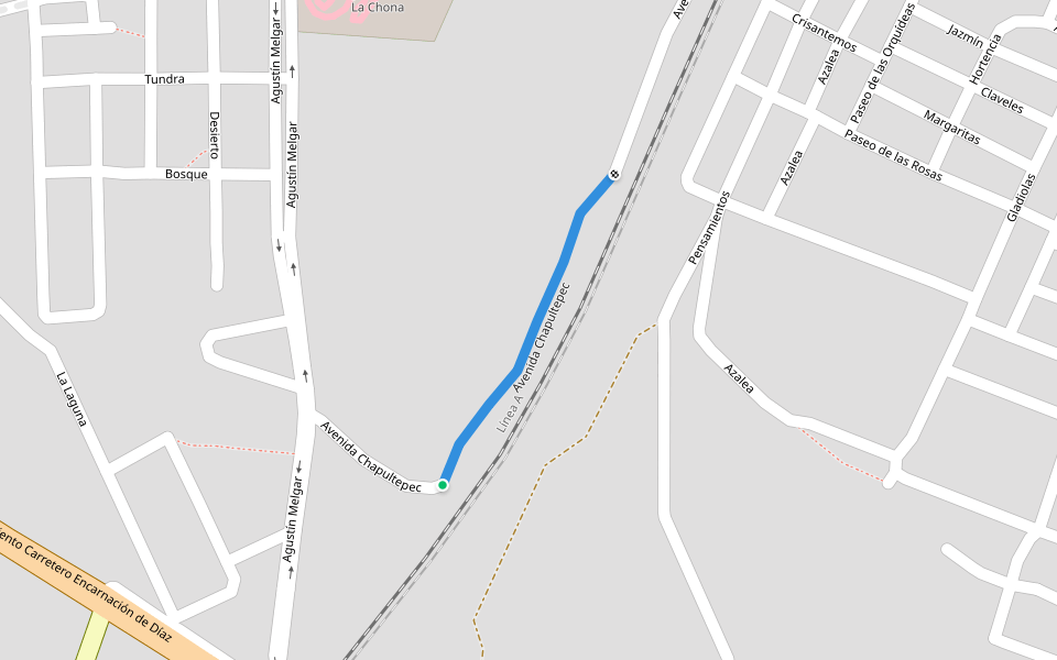 Avenida Chapultepec walking route map in Encarnación de Díaz