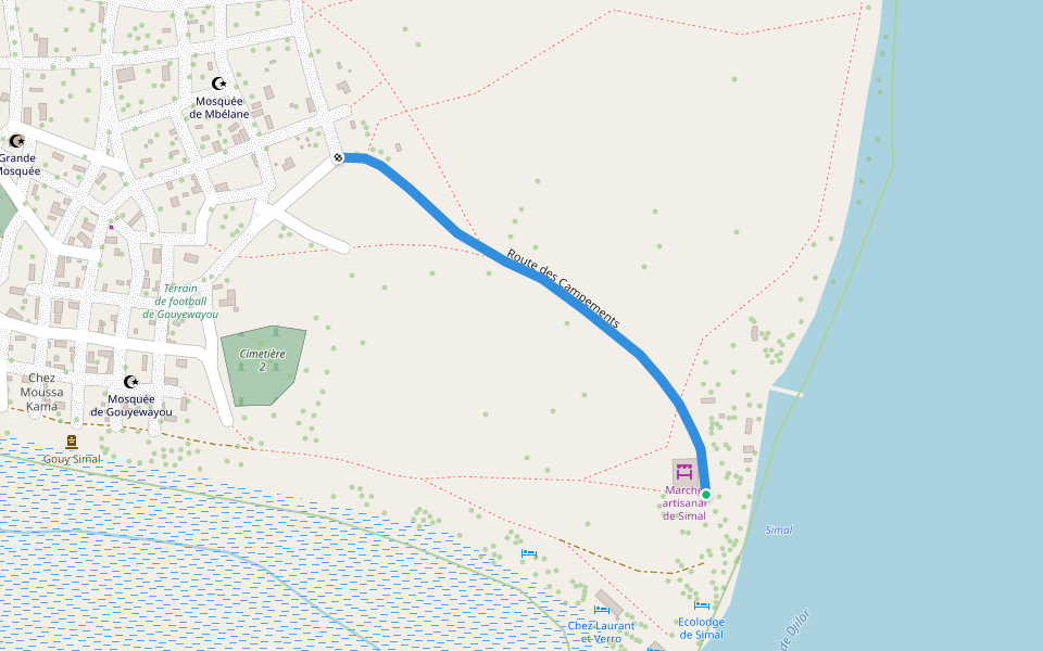 Route des Campements walking route map in Simal