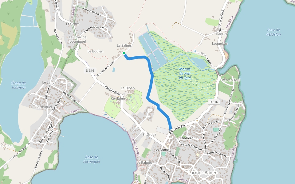 Baden par la Digue walking route map in Larmor-Baden