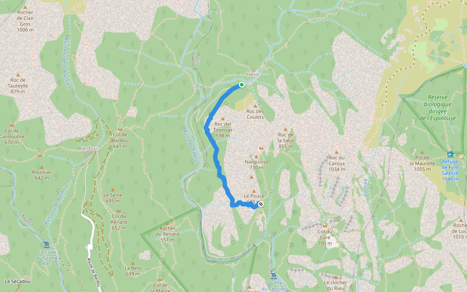 Piste du Pouce walking route map in Rosis