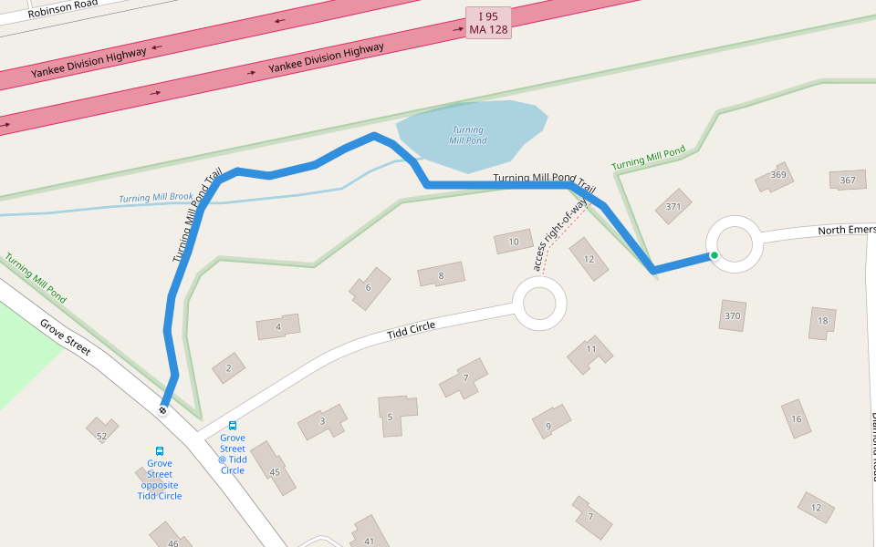 Turning Mill Pond Trail walking route map in Lexington