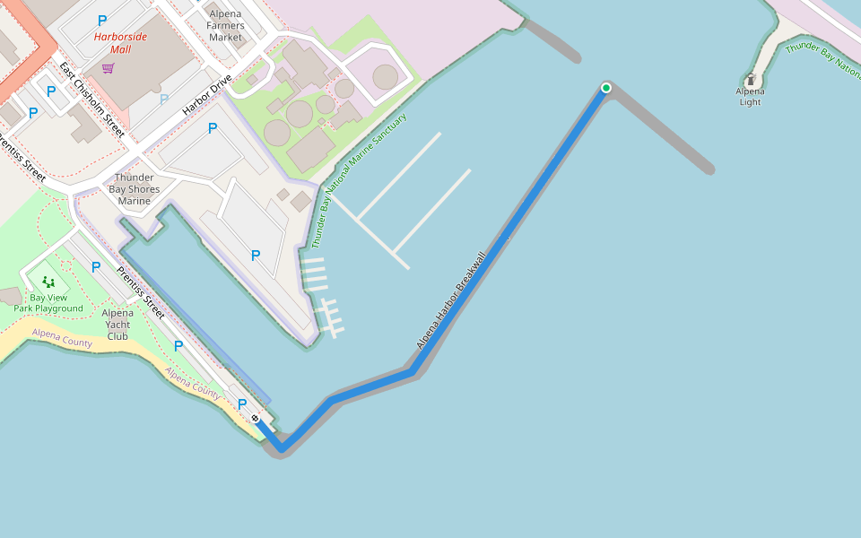 Alpena Harbor Breakwall walking route map in Alpena