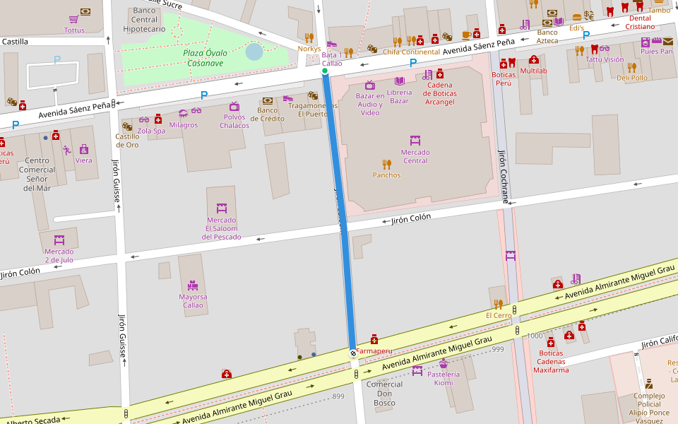 Jirón Saloom walking route map in Callao