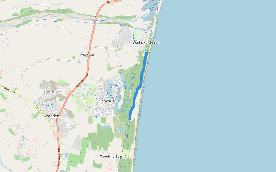 Pegasus Bay Walkway walking route map in Waikuku Beach