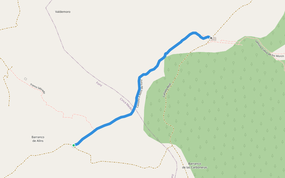 Camino a Alins de Fonz walking route map in Fonz