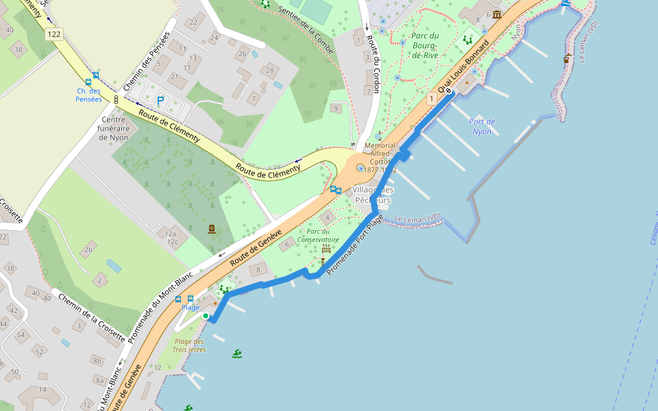 Promenade Port-Plage walking route map in Nyon