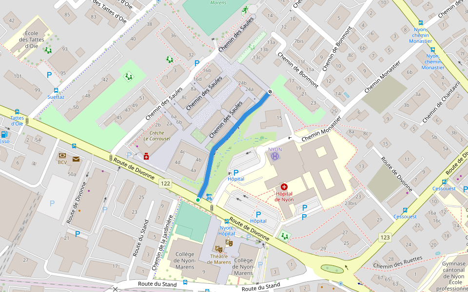 Chemin du Corjon walking route map in Nyon