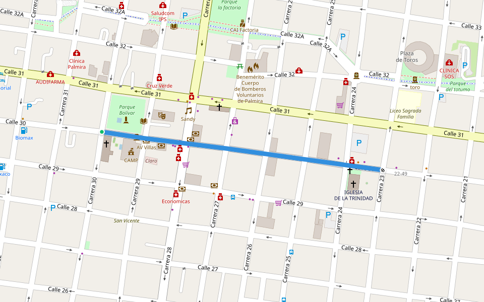 Calle 30 walking route map in Palmira