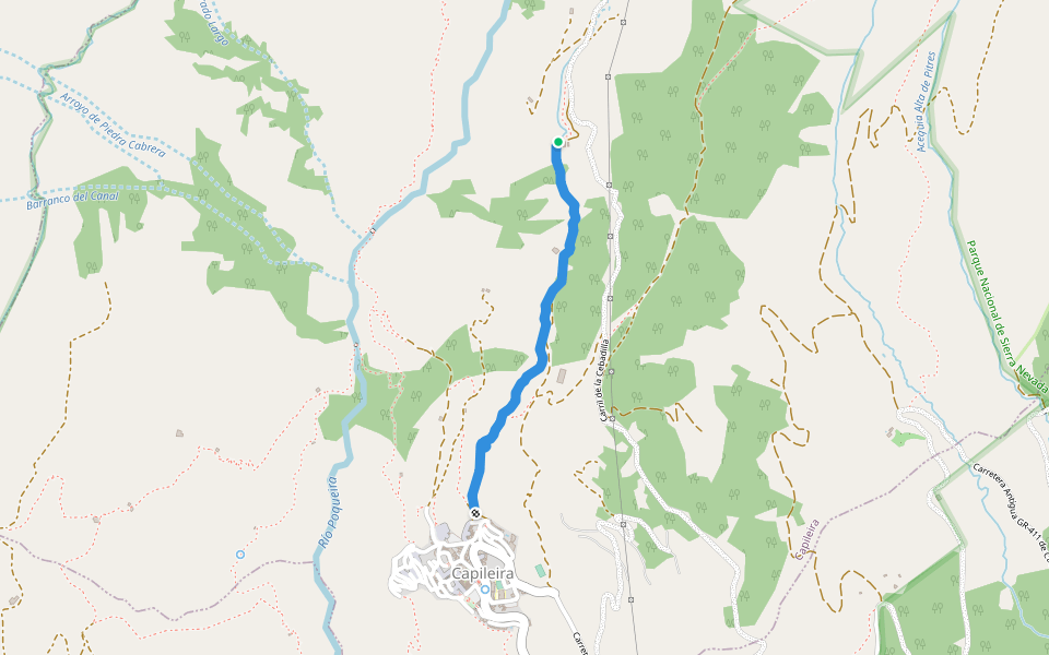 Sendero Acequias de Poqueira walking route map in Capileira