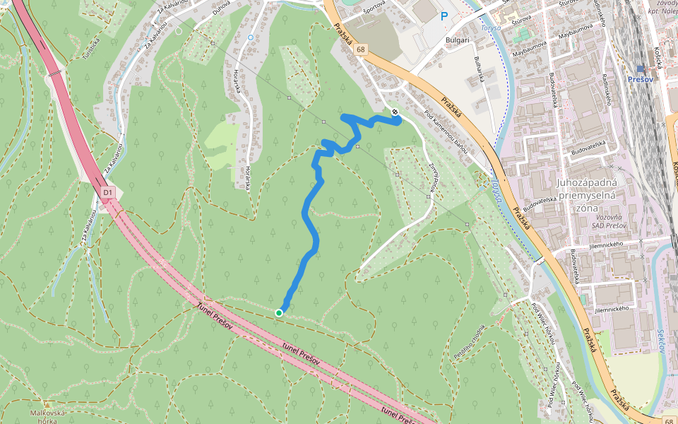 Prešovský singletrack Borsuk walking route map in Prešov
