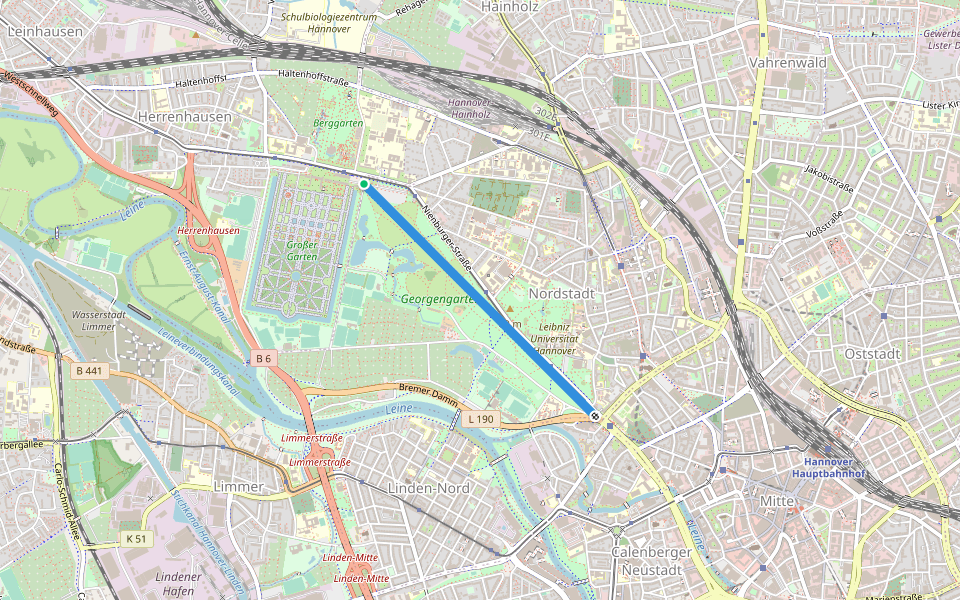 Herrenhäuser Allee walking route map in Hannover