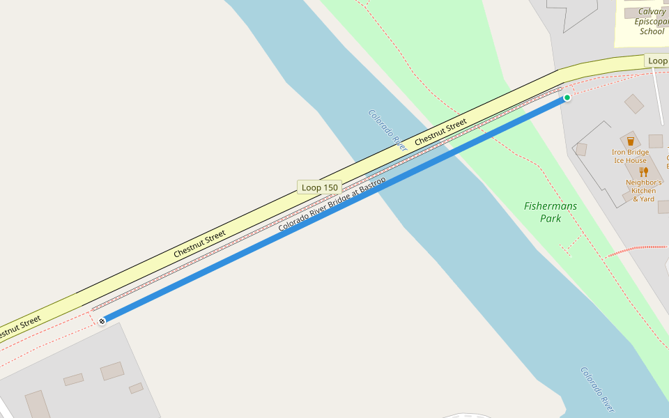 Colorado River Bridge at Bastrop walking route map in Bastrop