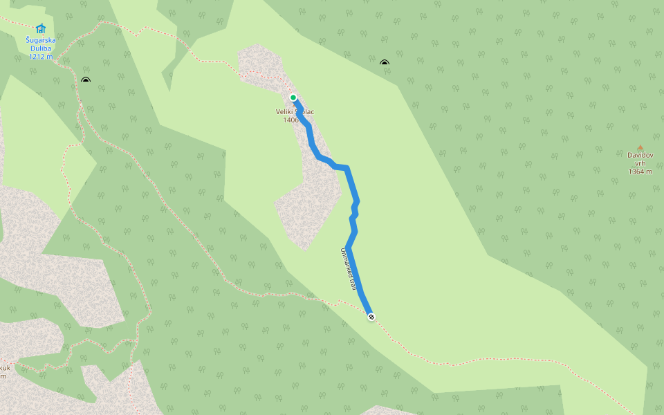 Unmarked trail walking route map in Lukovo Šugarje