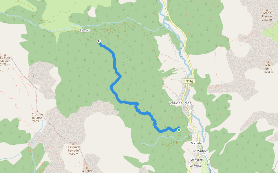 Sentier des Anciens walking route map in Val-des-Prés