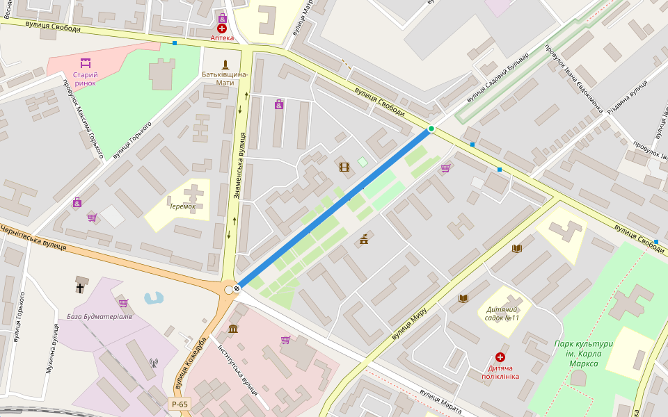 Садовий Бульвар вулиця walking route map in Shostka