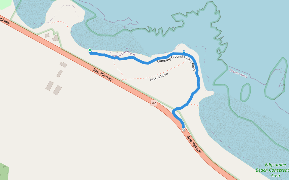 Camping Ground Access Road walking route map in Edgcumbe Beach