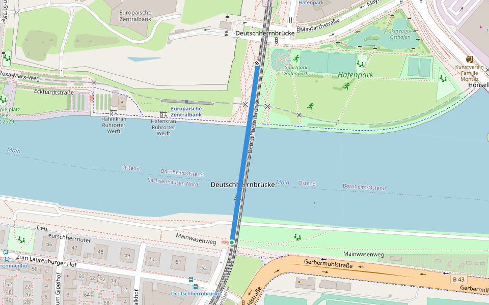 Deutschherrnbrücke walking route map in Frankfurt am Main