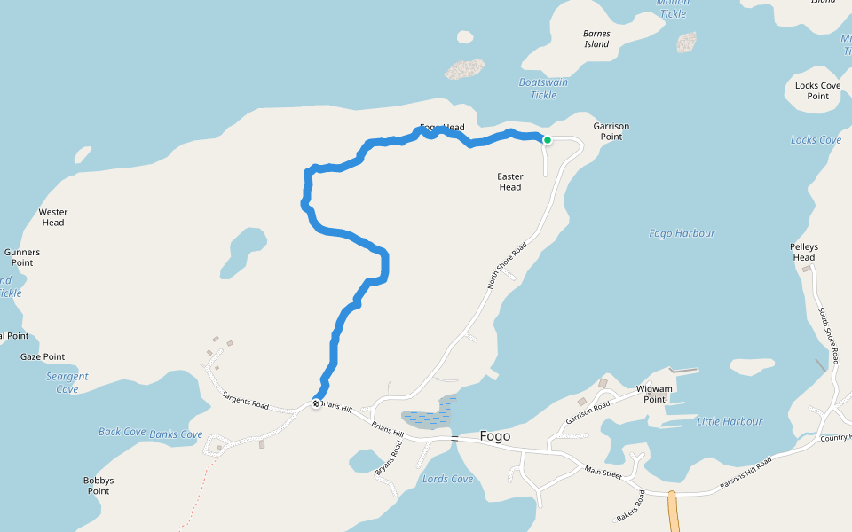 Fogo head trail walking route map in Fogo Island