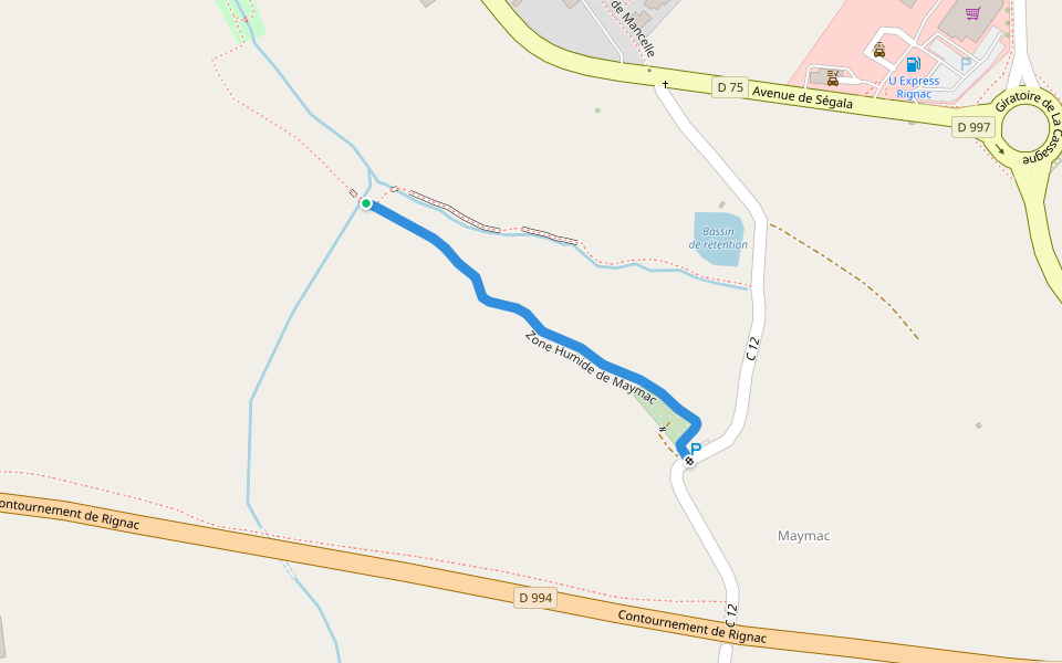 Zone Humide de Maymac walking route map in Rignac