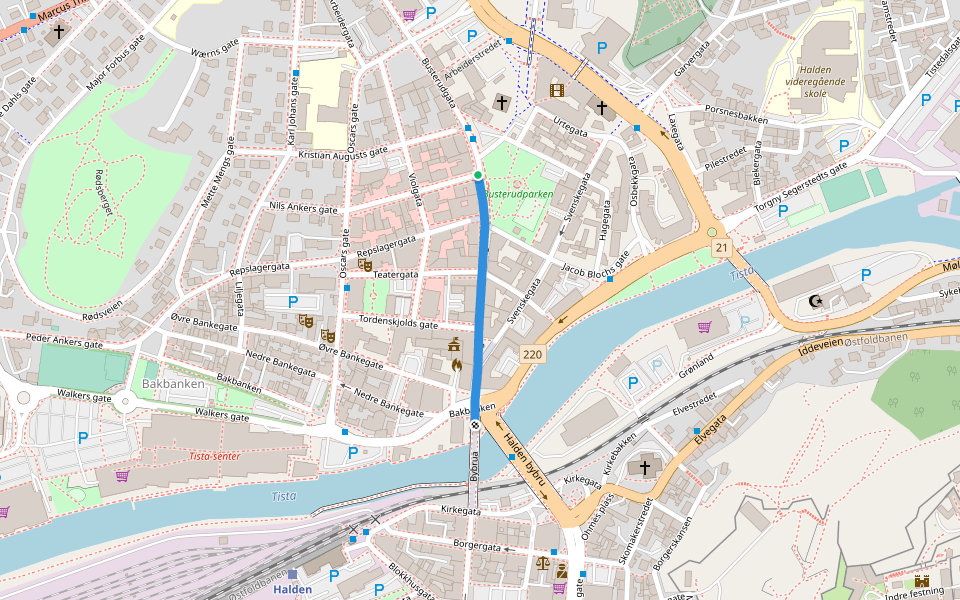 Storgata walking route map in Halden
