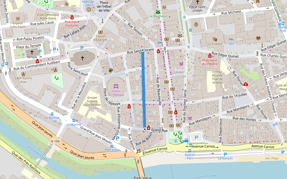 Rue Jean Castagno walking route map in Alès