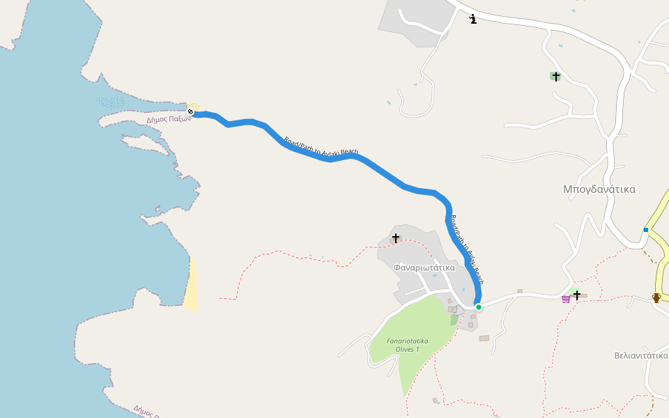 Road/Path to Avlaki Beach walking route map in Velianitatika