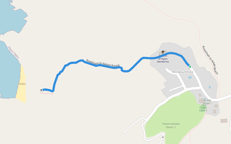 Road/path to Galazio beach walking route map in Velianitatika