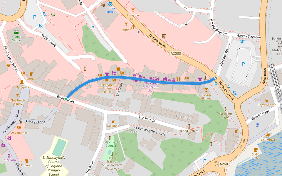 The Old High Street walking route map in Folkestone