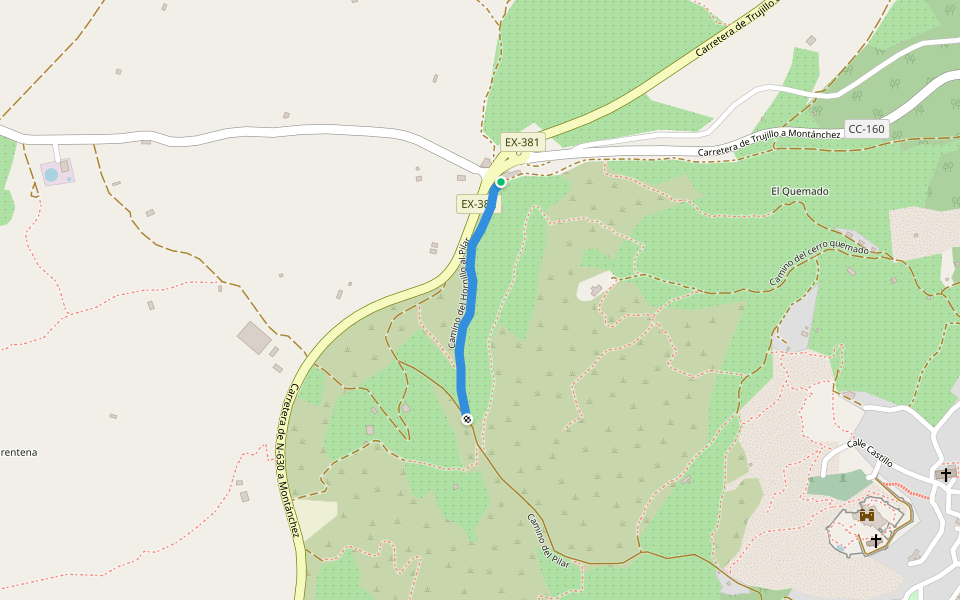 Camino del Hornillo al Pilar walking route map in Montánchez