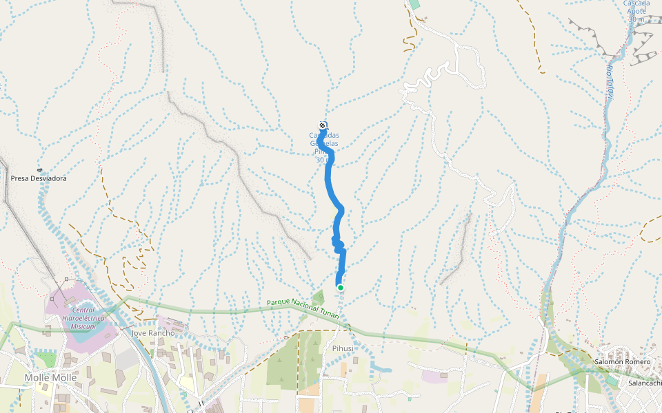 Senda a las Cascadas Gemelas Pihusi (Precaucion) walking route map in Tiquipaya