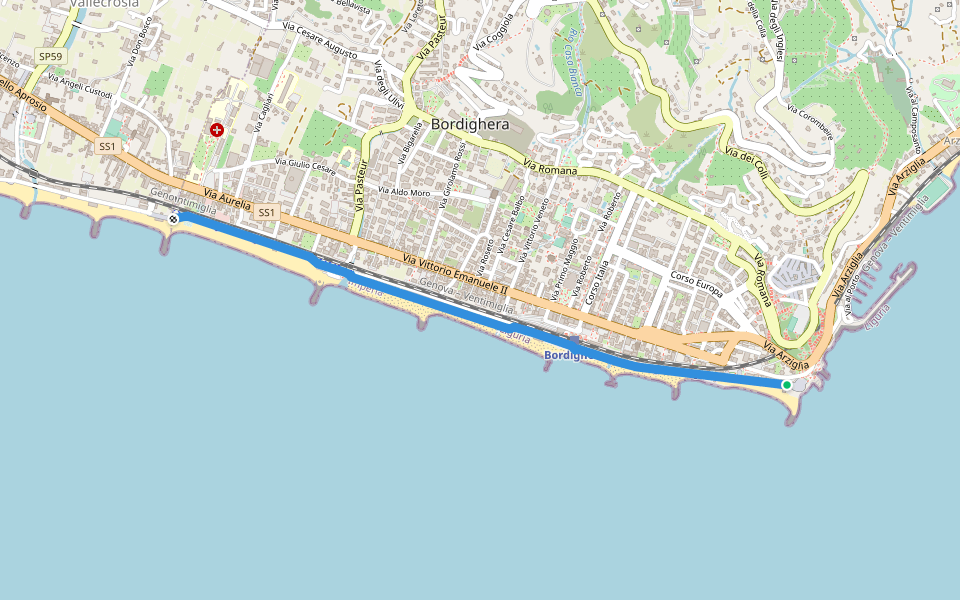 Lungomare Argentina walking route map in Bordighera