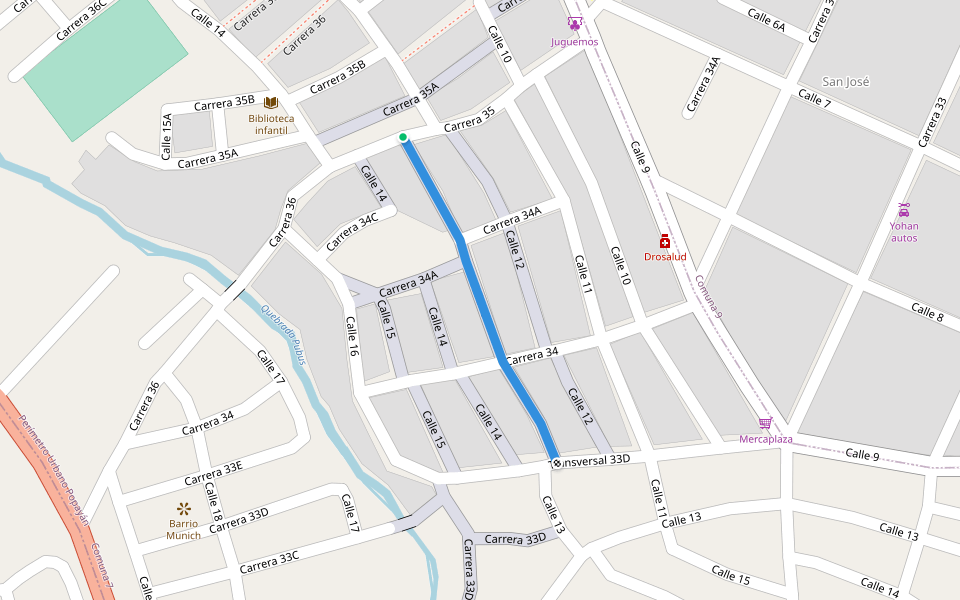 Calle 13 walking route map in Popayán