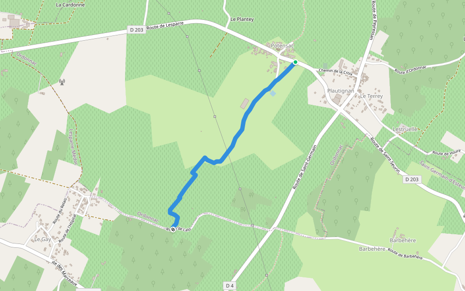 Sentier de Potensac à Fongiras walking route map in Ordonnac