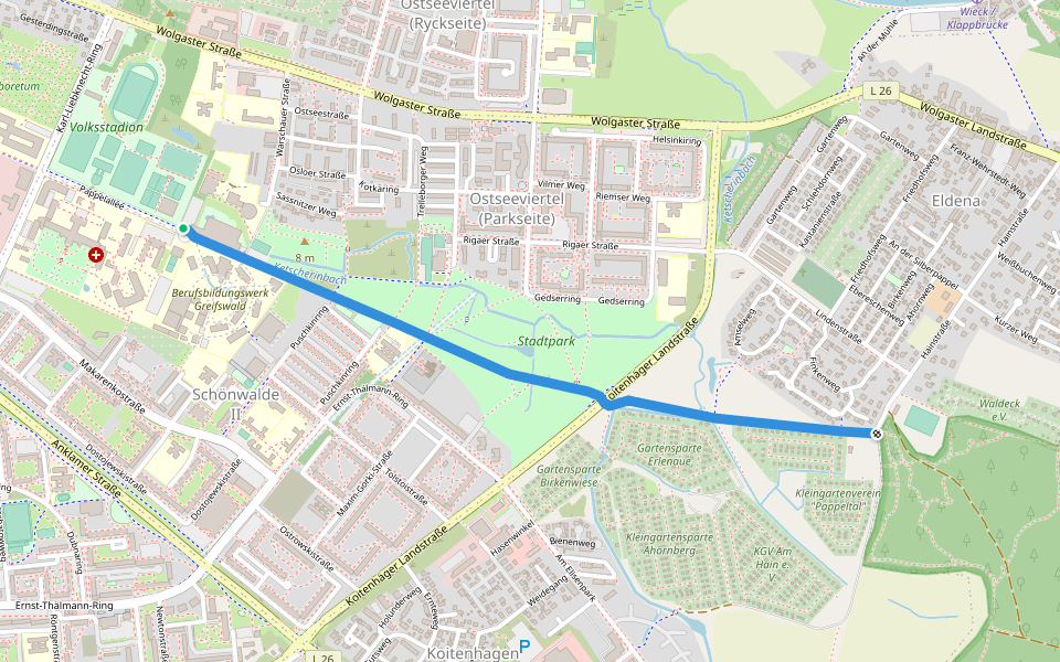 Pappelallee walking route map in Greifswald