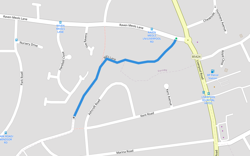 Bill's Lane walking route map in Formby