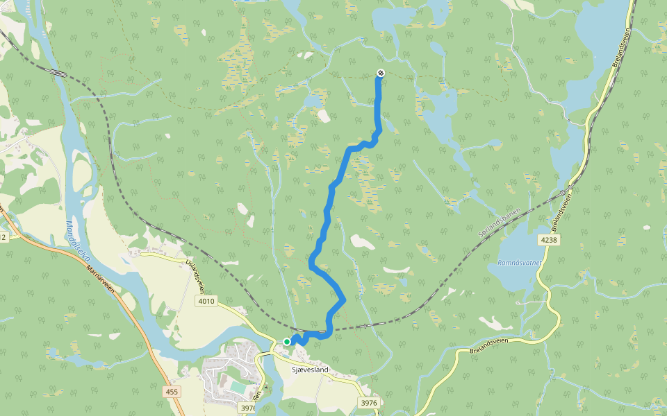 Kjørkestien walking route map in Sjævesland