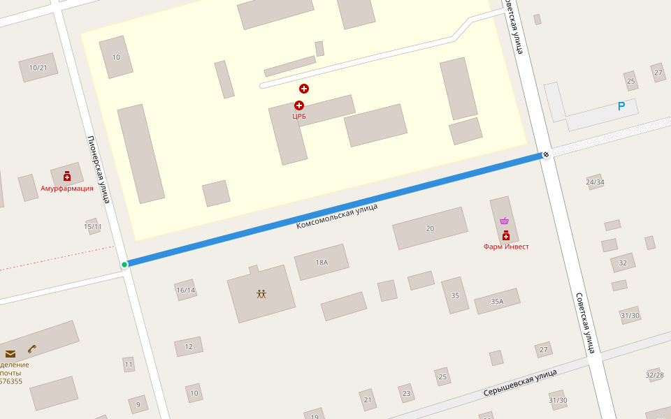 Комсомольская улица walking route map in Seryshevo