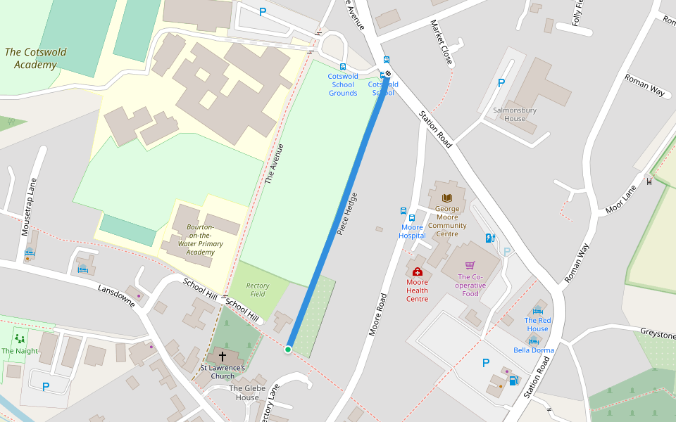 Piece Hedge walking route map in Bourton-on-the-Water