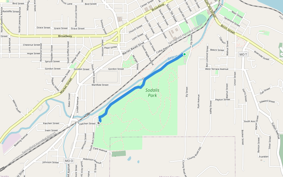 Bear Creek Trail walking route map in Hannibal