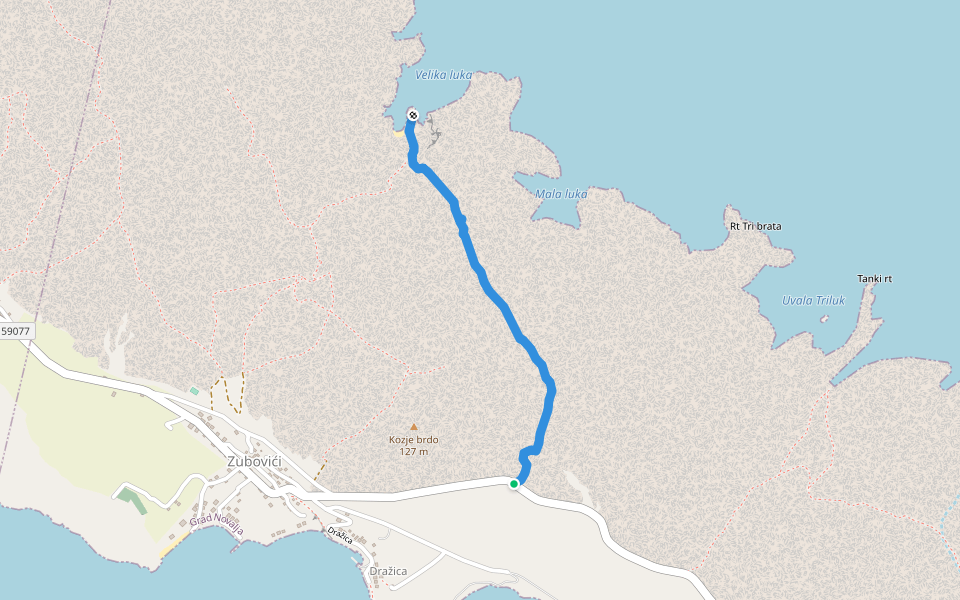 Vela luka walking route map in Zubovići