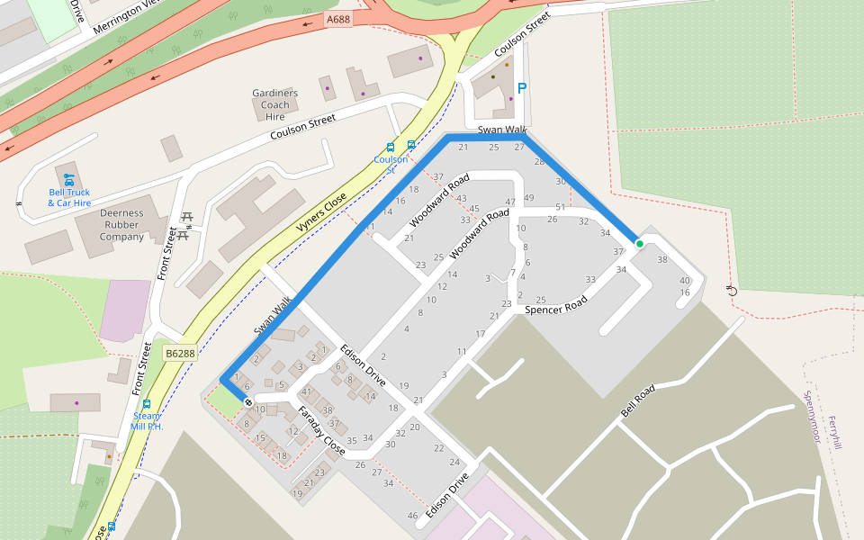 Swan Walk walking route map in Spennymoor