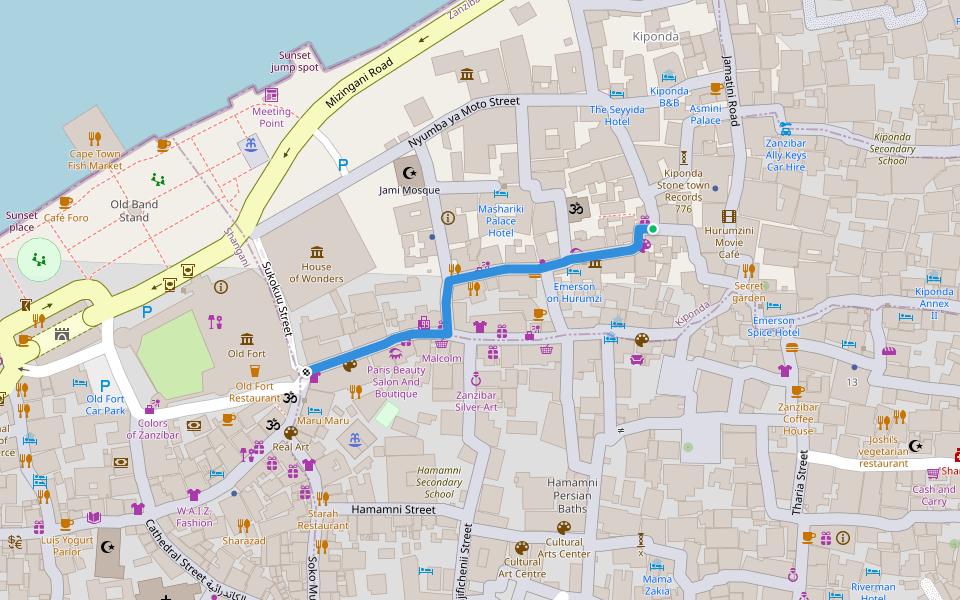 Hurumzi Street walking route map in Zanzibar