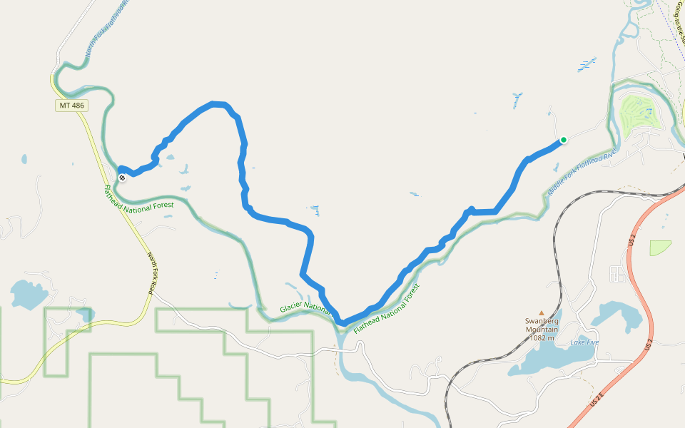 Old Flathead River Ranger Station walking route map in Columbia Falls