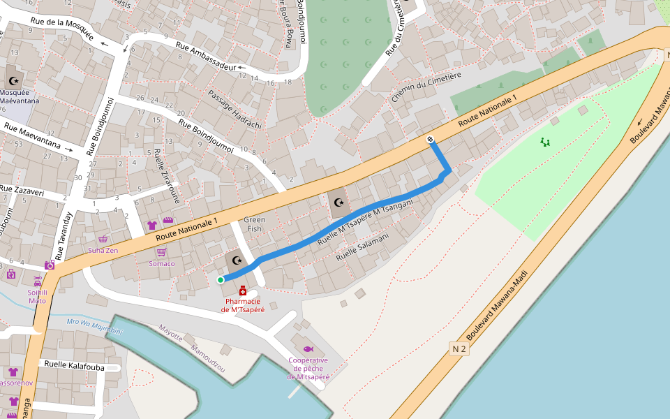 Ruelle M'Tsapéré M'Tsangani walking route map in Mamoudzou