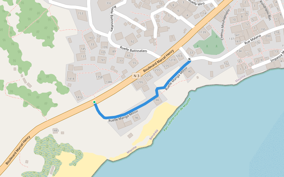 Ruelle Manga Milissi walking route map in Bandrélé