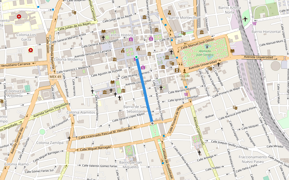 Calle Ignacio Zaragoza walking route map in San Luis Potosí