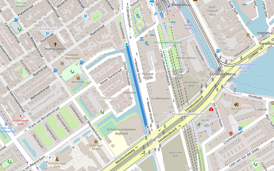 Nieuwe Gracht walking route map in Delft