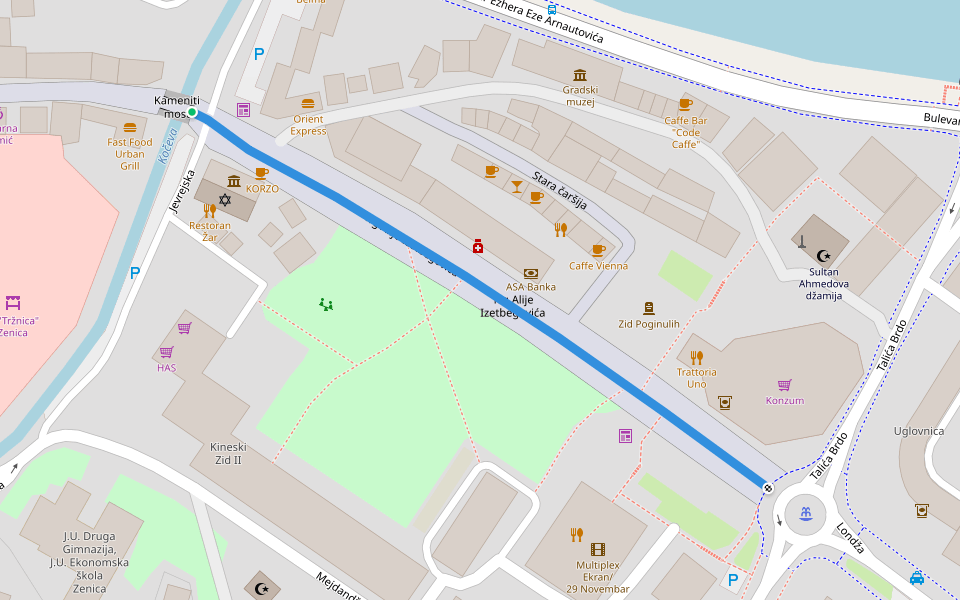 Trg Alije Izetbegovića walking route map in Zenica