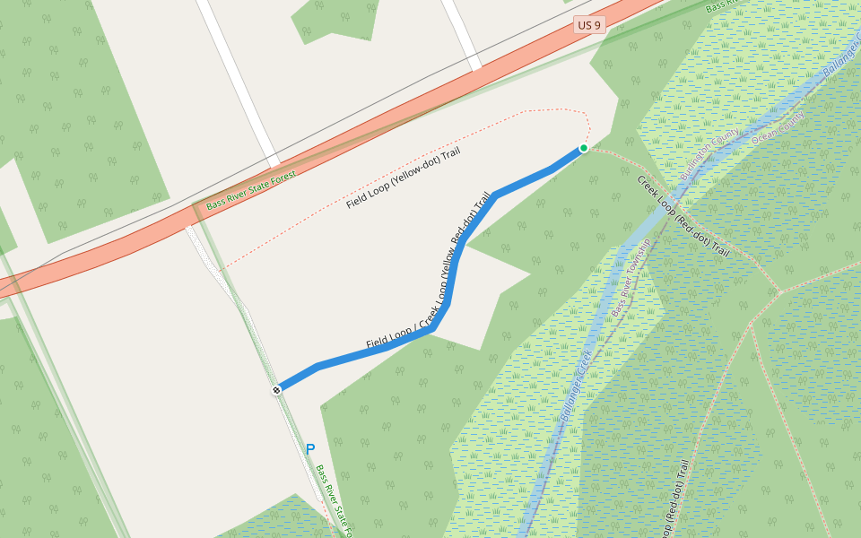 Field Loop / Creek Loop (Yellow, Red-dot) Trail walking route map in Tuckerton