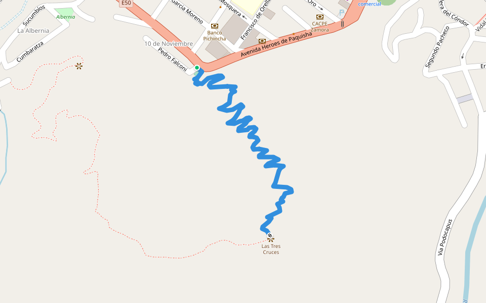 Camino a las tres cruces walking route map in Zumba